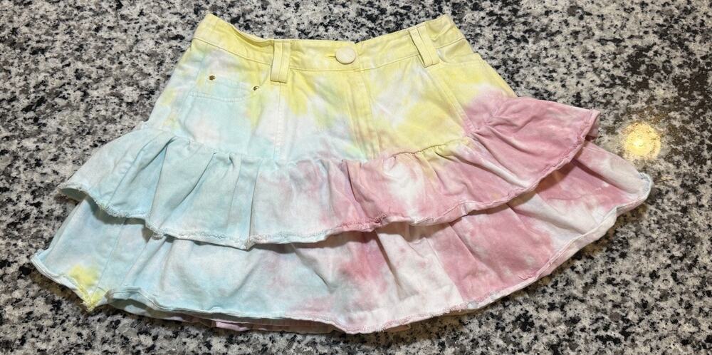 $285 LoveShackFancy Landen Mini Skirt Multicolor Tie Dye Tiered Ruffle Cotton 2